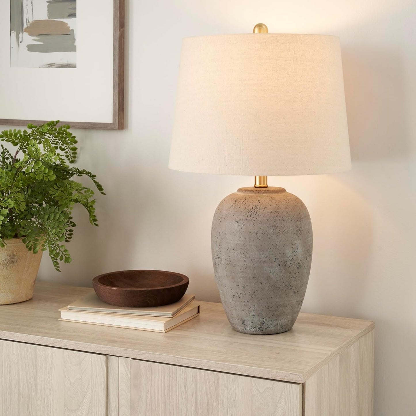 Thelittleesse™ Terraform Cement Table Lamp – Rustic Urn Accent Lamp with Fabric Shade & 3-Way Switch