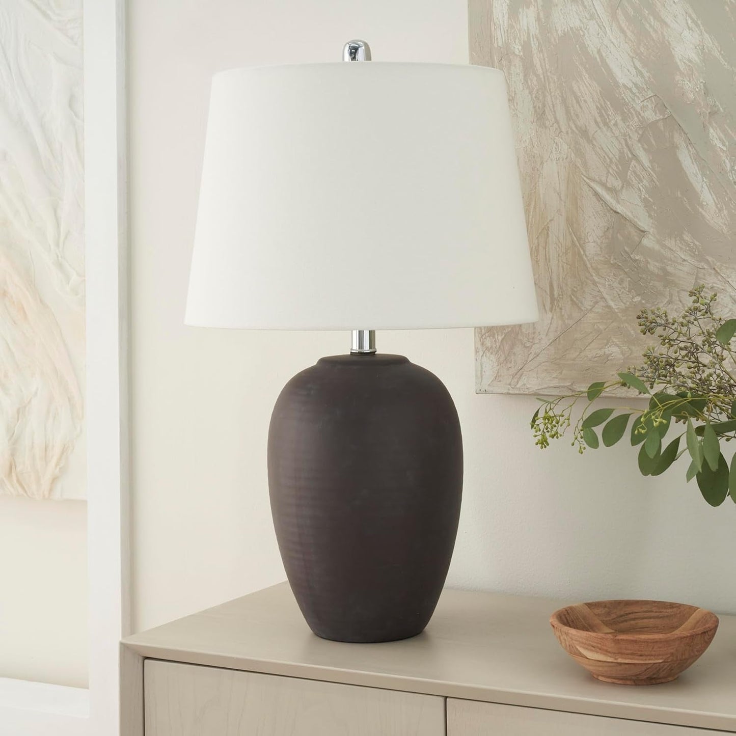 Thelittleesse™ Terraform Cement Table Lamp – Rustic Urn Accent Lamp with Fabric Shade & 3-Way Switch