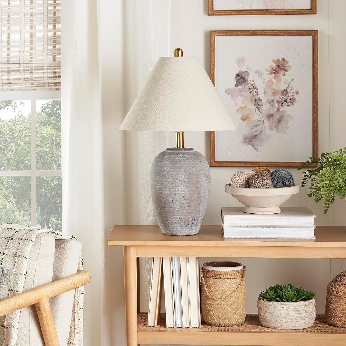 Thelittleesse™ Terraform Cement Table Lamp – Rustic Urn Accent Lamp with Fabric Shade & 3-Way Switch