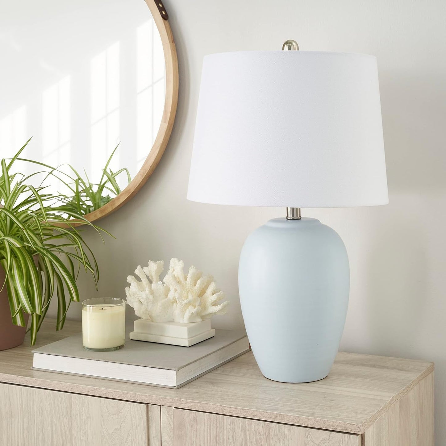 Thelittleesse™ Terraform Cement Table Lamp – Rustic Urn Accent Lamp with Fabric Shade & 3-Way Switch