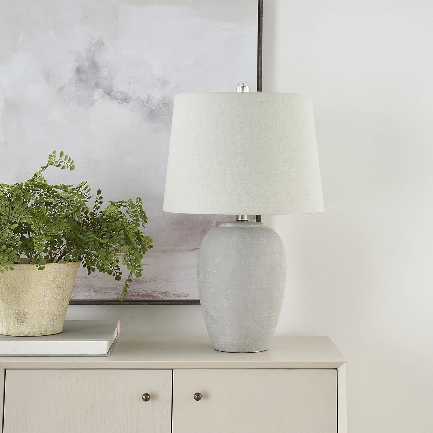 Thelittleesse™ Terraform Cement Table Lamp – Rustic Urn Accent Lamp with Fabric Shade & 3-Way Switch