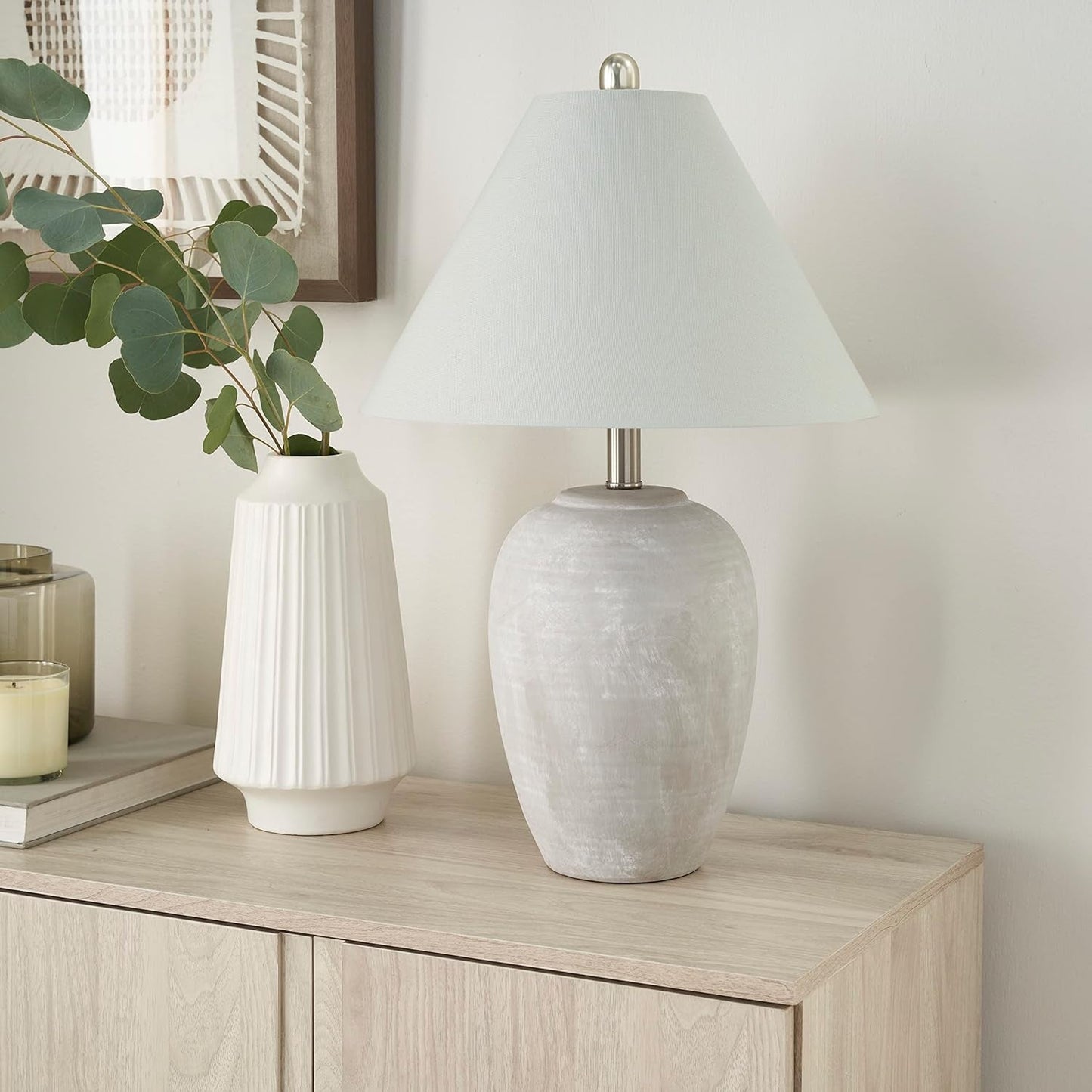 Thelittleesse™ Terraform Cement Table Lamp – Rustic Urn Accent Lamp with Fabric Shade & 3-Way Switch