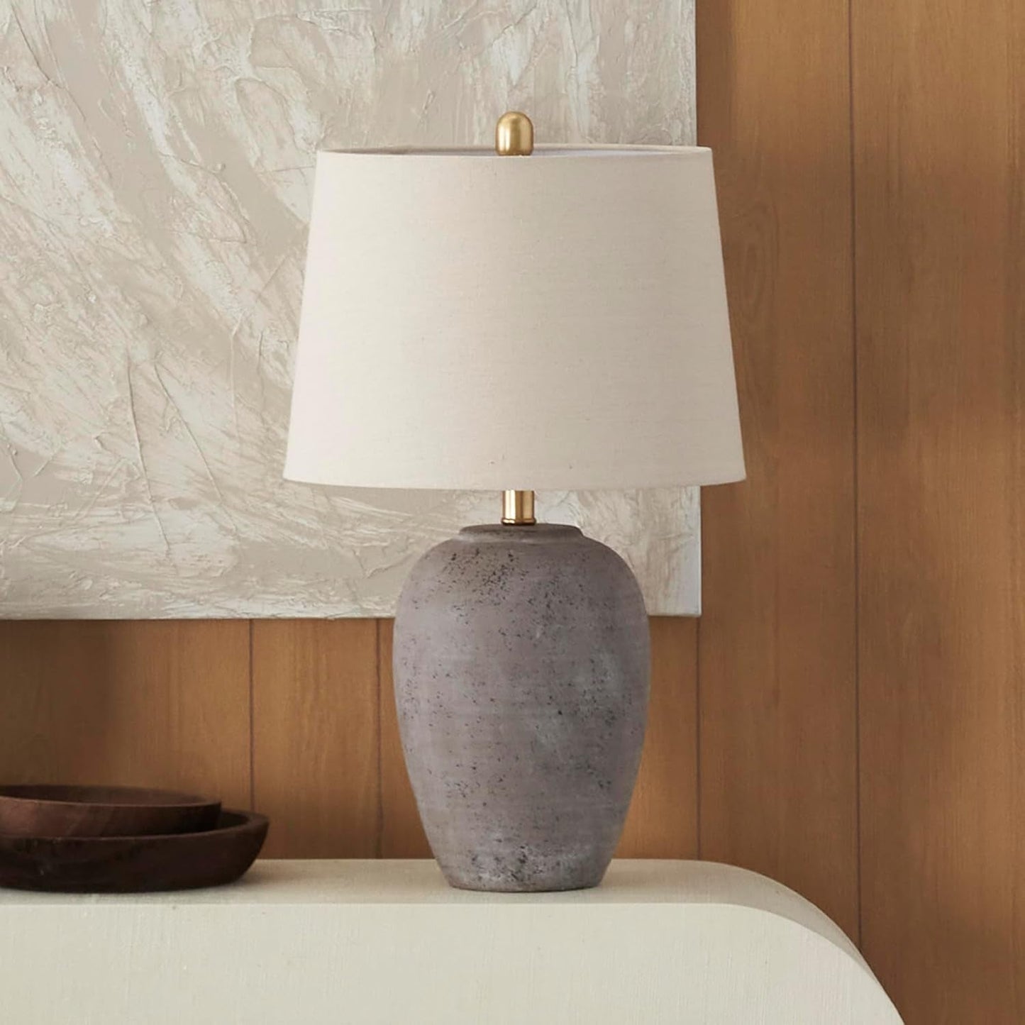 Thelittleesse™ Terraform Cement Table Lamp – Rustic Urn Accent Lamp with Fabric Shade & 3-Way Switch