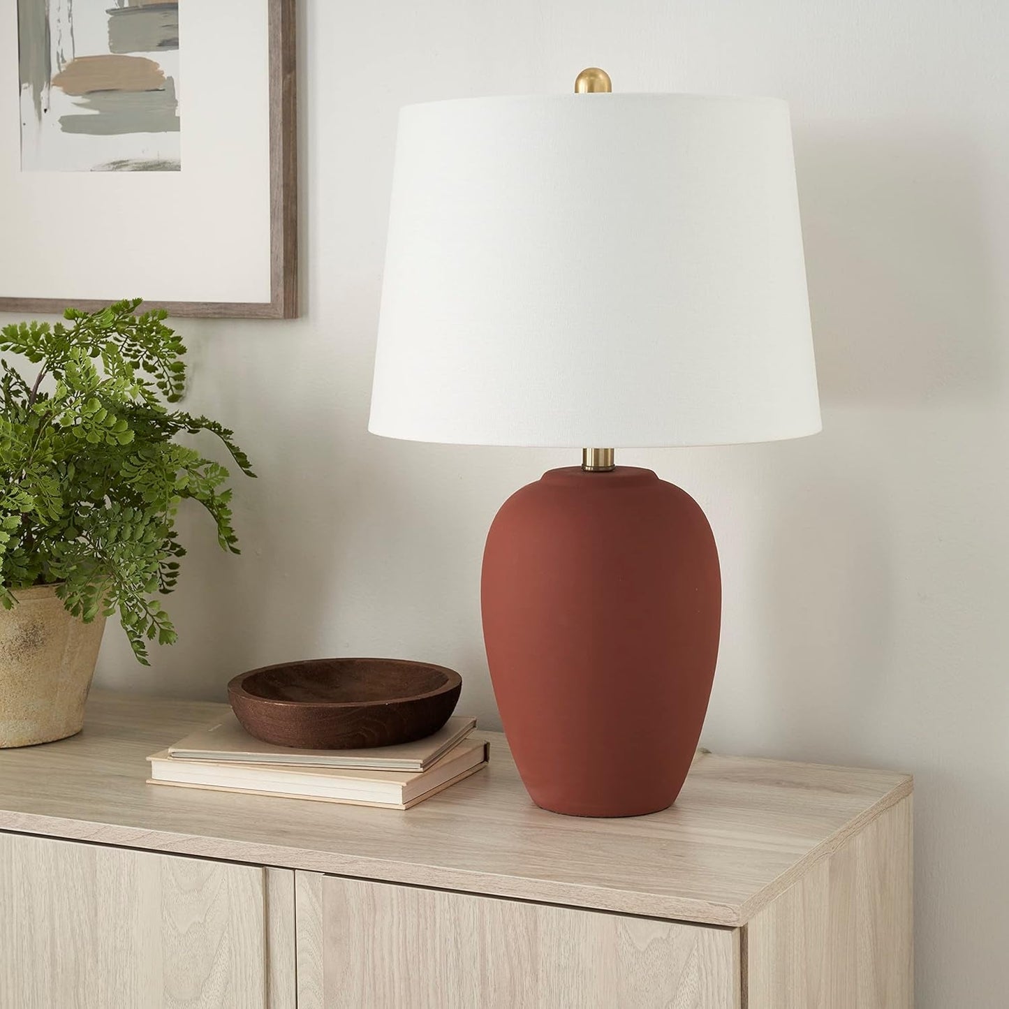 Thelittleesse™ Terraform Cement Table Lamp – Rustic Urn Accent Lamp with Fabric Shade & 3-Way Switch