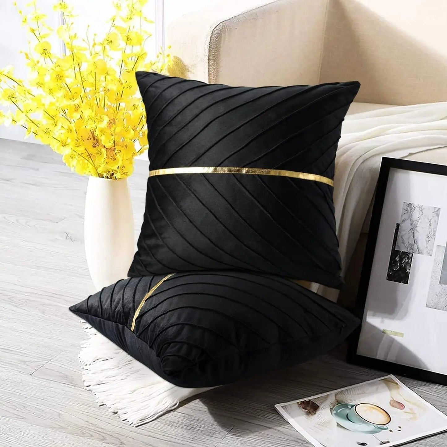 Velor cushion cover with golden leather sequins | LuxeGleam