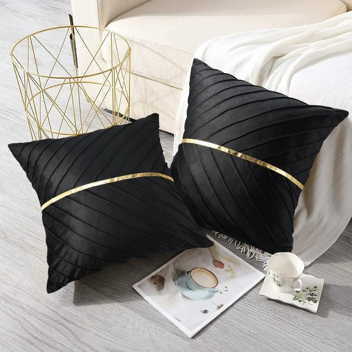 Velor cushion cover with golden leather sequins | LuxeGleam
