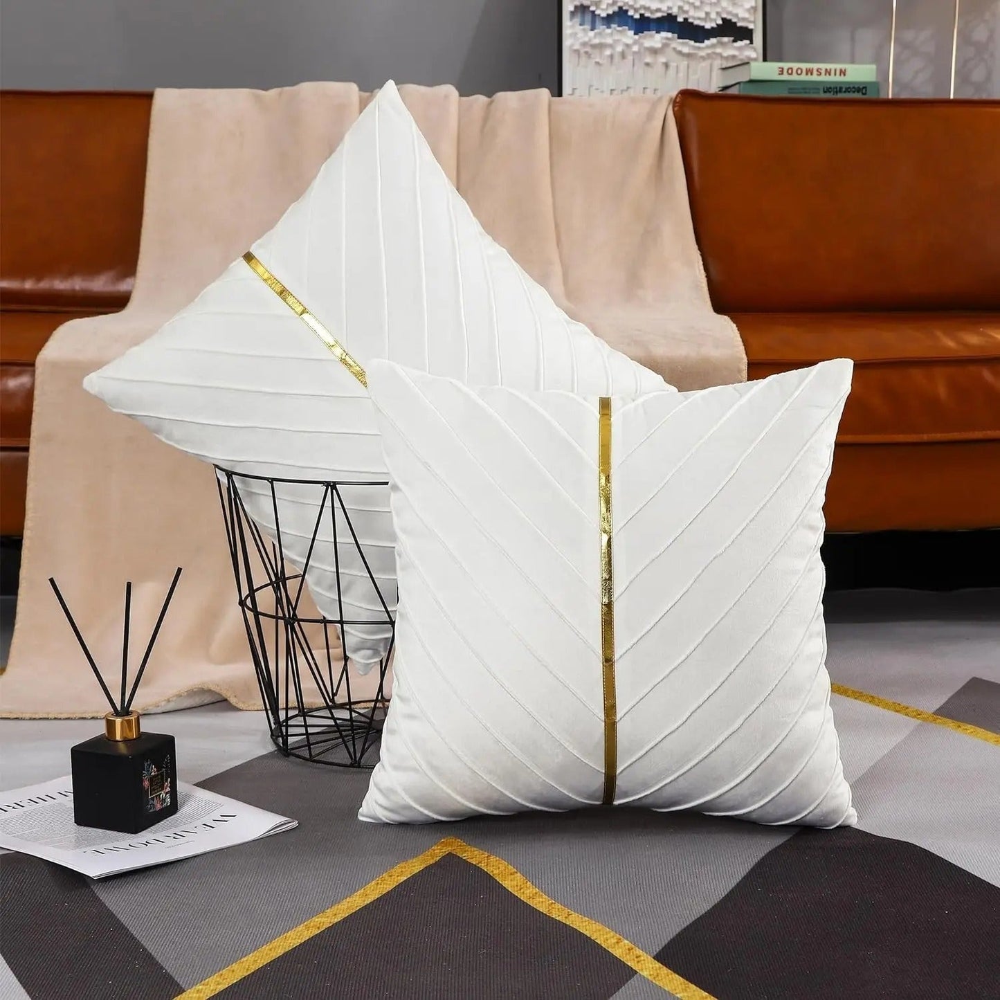 Velor cushion cover with golden leather sequins | LuxeGleam
