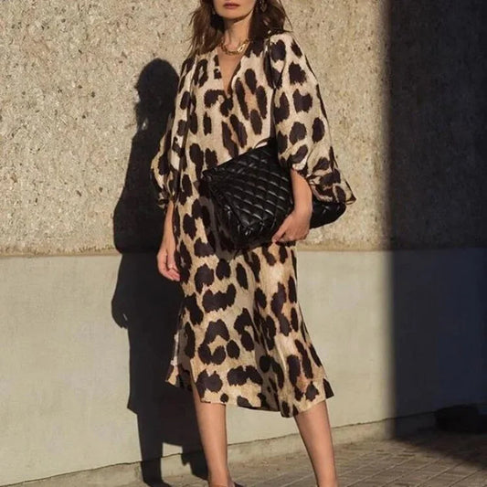 Elegant Leopard Print Womens Dress with V-Neck and Lantern Sleeves