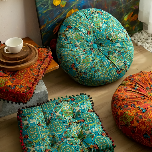 Thelittleesse™ Bohemian Embroidered Floor Cushion – Vibrant Round & Square Pillow for Cozy Lounging