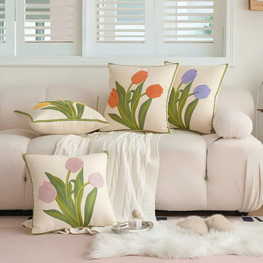 Thelittleesse™ Blooming Tulip Cushion Cover – Embroidered Cotton Throw Pillowcase