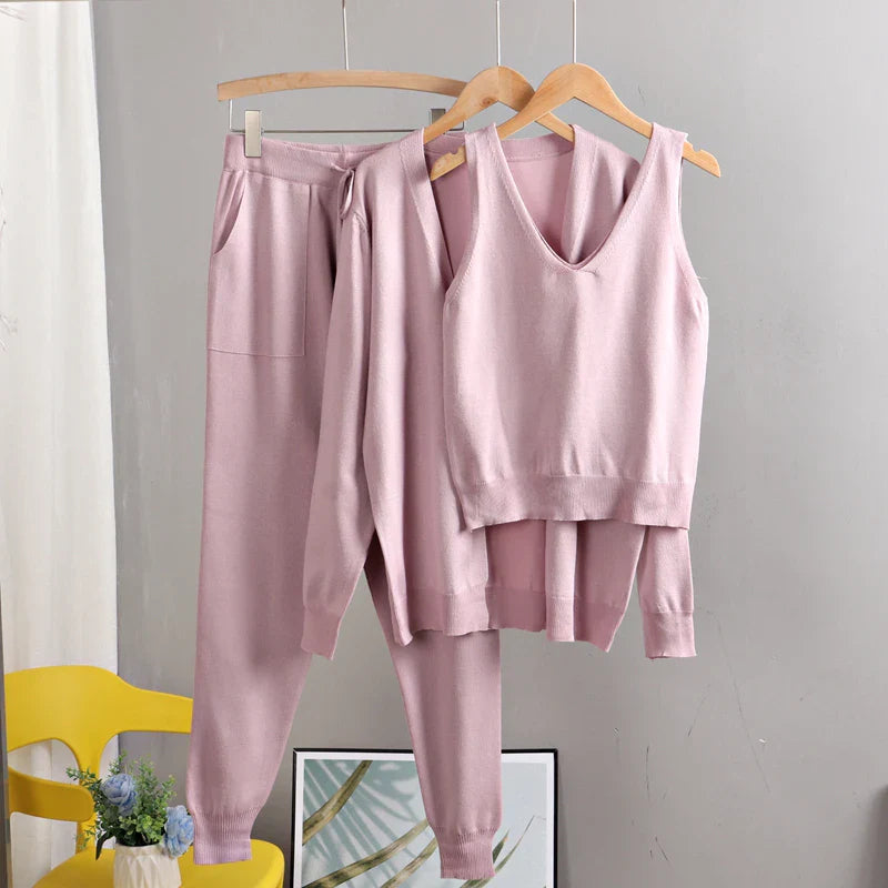 Eme's Elegant 3-Piece Women Cardigan Tracksuit - Knitted Sweater Pant Set with Pockets