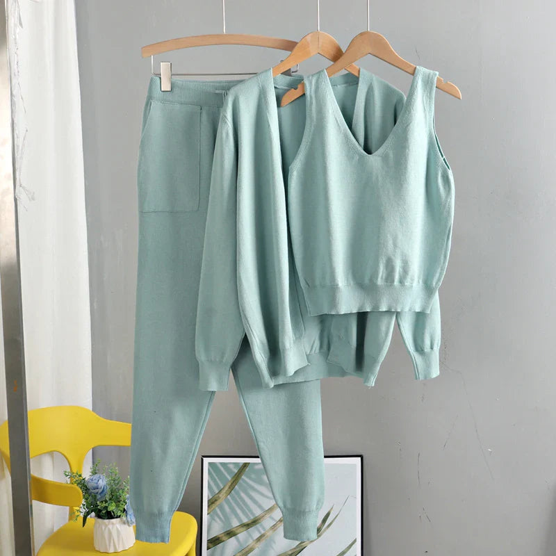 Eme's Elegant 3-Piece Women Cardigan Tracksuit - Knitted Sweater Pant Set with Pockets