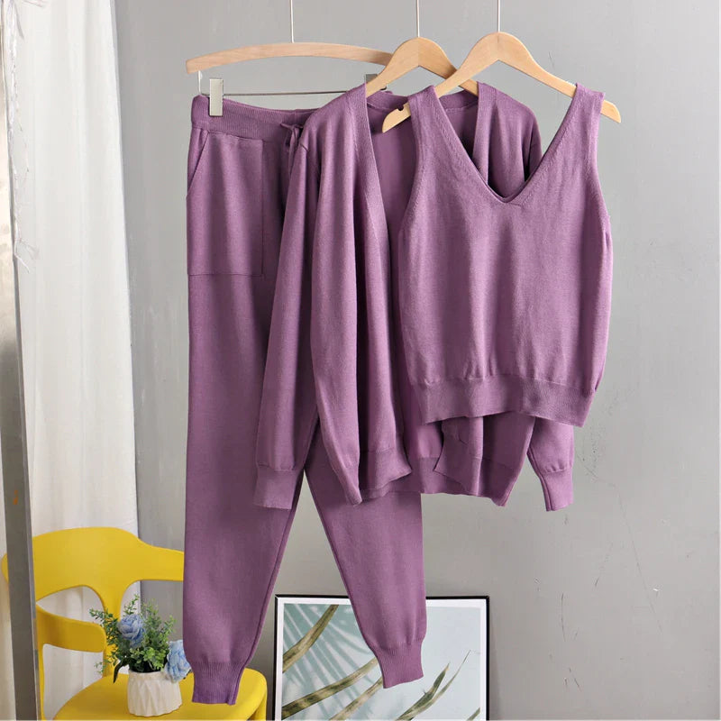 Eme's Elegant 3-Piece Women Cardigan Tracksuit - Knitted Sweater Pant Set with Pockets
