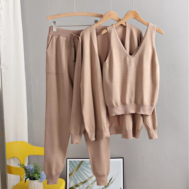 Eme's Elegant 3-Piece Women Cardigan Tracksuit - Knitted Sweater Pant Set with Pockets