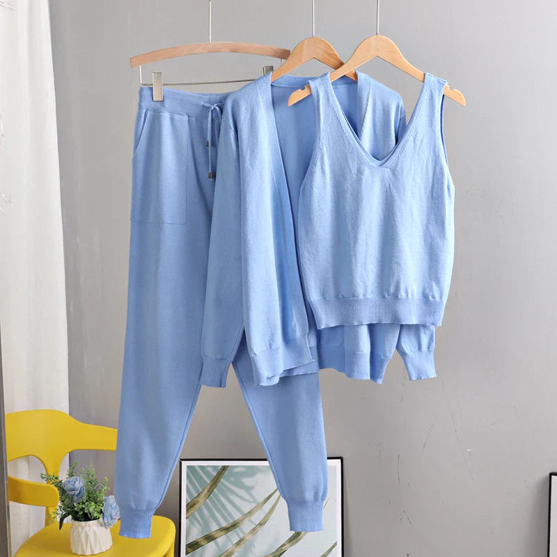 Eme's Elegant 3-Piece Women Cardigan Tracksuit - Knitted Sweater Pant Set with Pockets