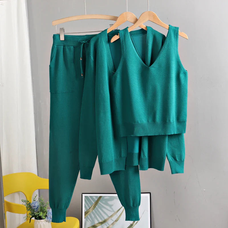 Eme's Elegant 3-Piece Women Cardigan Tracksuit - Knitted Sweater Pant Set with Pockets