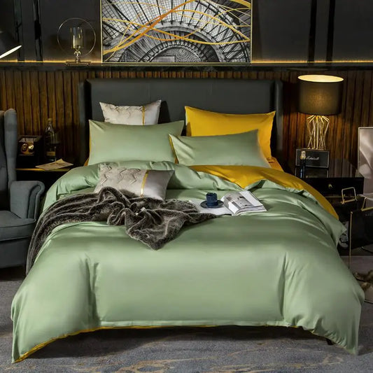 Thelittleesse™ Verdant Retreat Bedding Set – 400TC Egyptian Cotton 4-Piece Set in Light Green & Yellow Floral Design