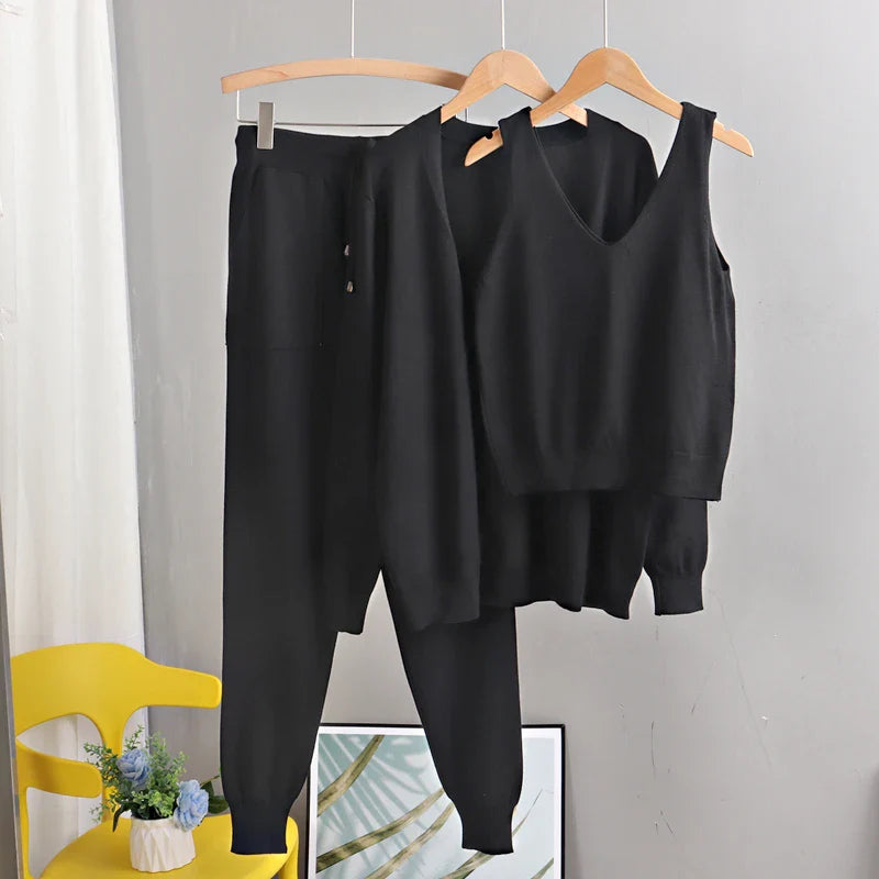 Eme's Elegant 3-Piece Women Cardigan Tracksuit - Knitted Sweater Pant Set with Pockets