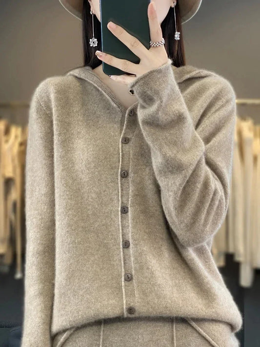Women's Merino Wool Hoodie Cardigan – Long Sleeve, Cashmere Knit, Autumn Winter Casual Sweater