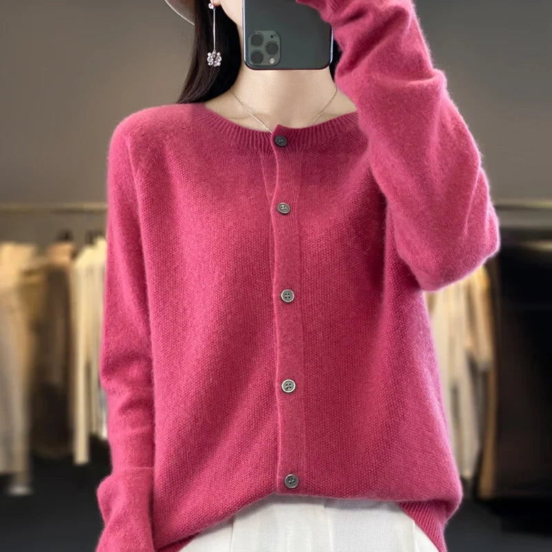 100% Pure Wool Loose Cardigan - Women's Autumn/Winter Round Neck Sweater