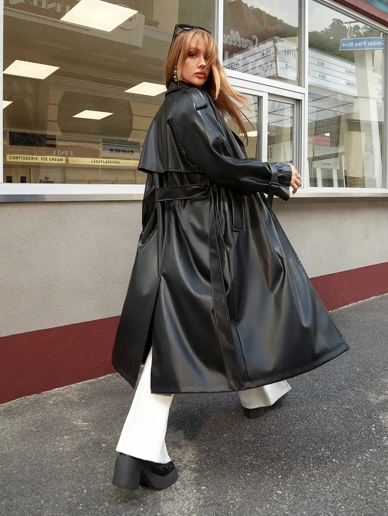Spice Girl Chic PU Trench Coat Jacket - Stylish Long Leather Look