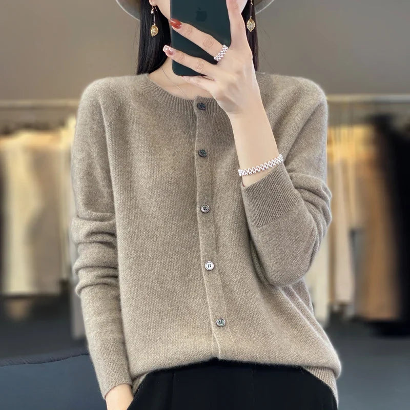 100% Pure Wool Loose Cardigan - Women's Autumn/Winter Round Neck Sweater