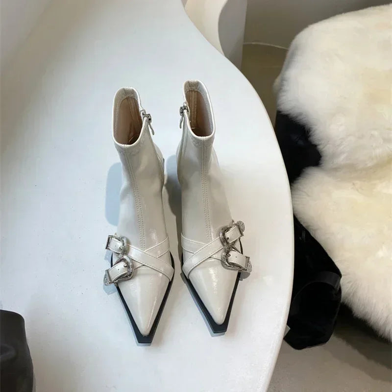 Chie Luxe Thick-Heel Ankle Boots - Chic Pointed Toe Booties for Autumn & Winter