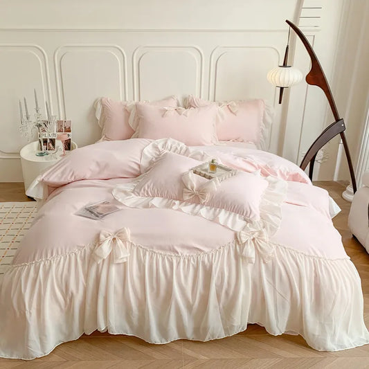 Thelittleesse™ Chiffon Lace Romantic Bedding Set – 4-Piece Cotton Ensemble with Vintage Elegance