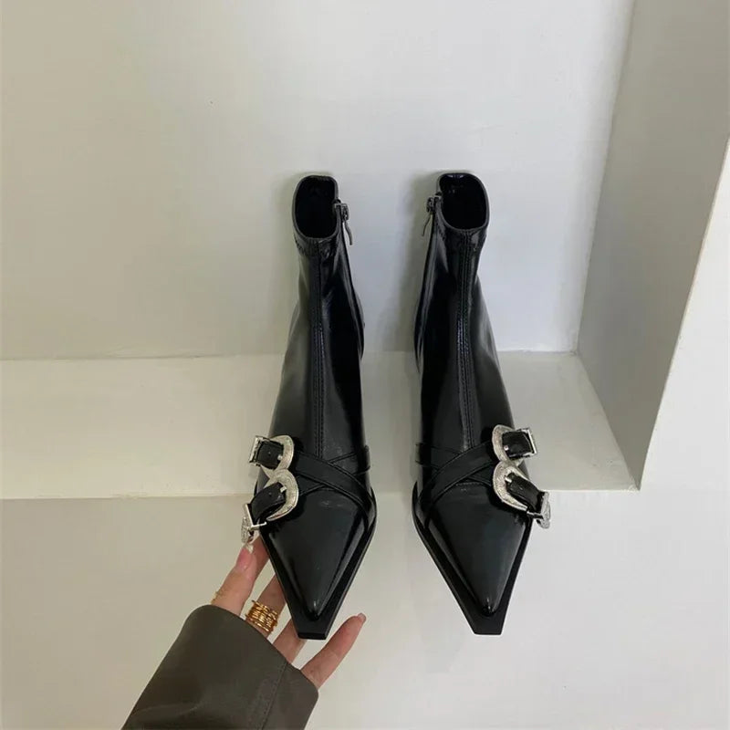 Chie Luxe Thick-Heel Ankle Boots - Chic Pointed Toe Booties for Autumn & Winter