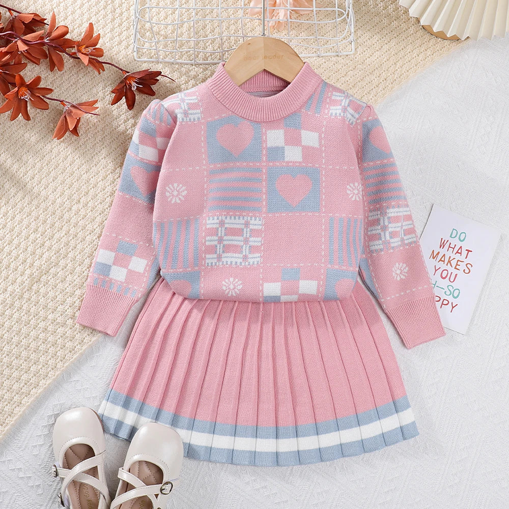 Pat's Geometric Knitted Girls Sweater Set - Autumn/Winter Top & Striped Pleated Skirt