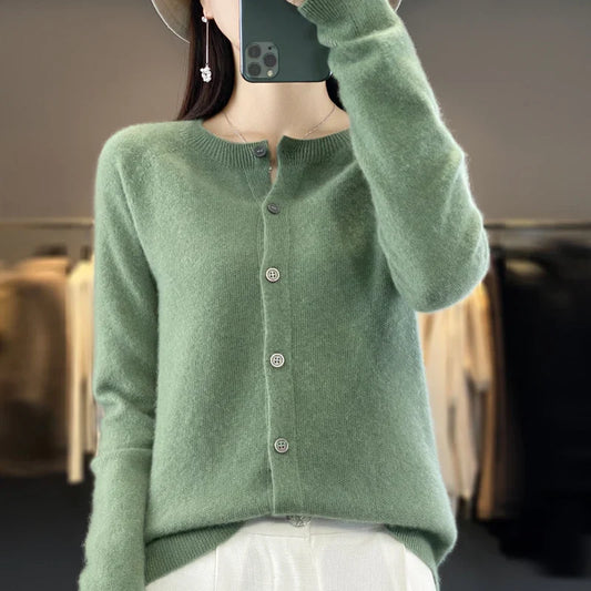 100% Pure Wool Loose Cardigan - Women's Autumn/Winter Round Neck Sweater