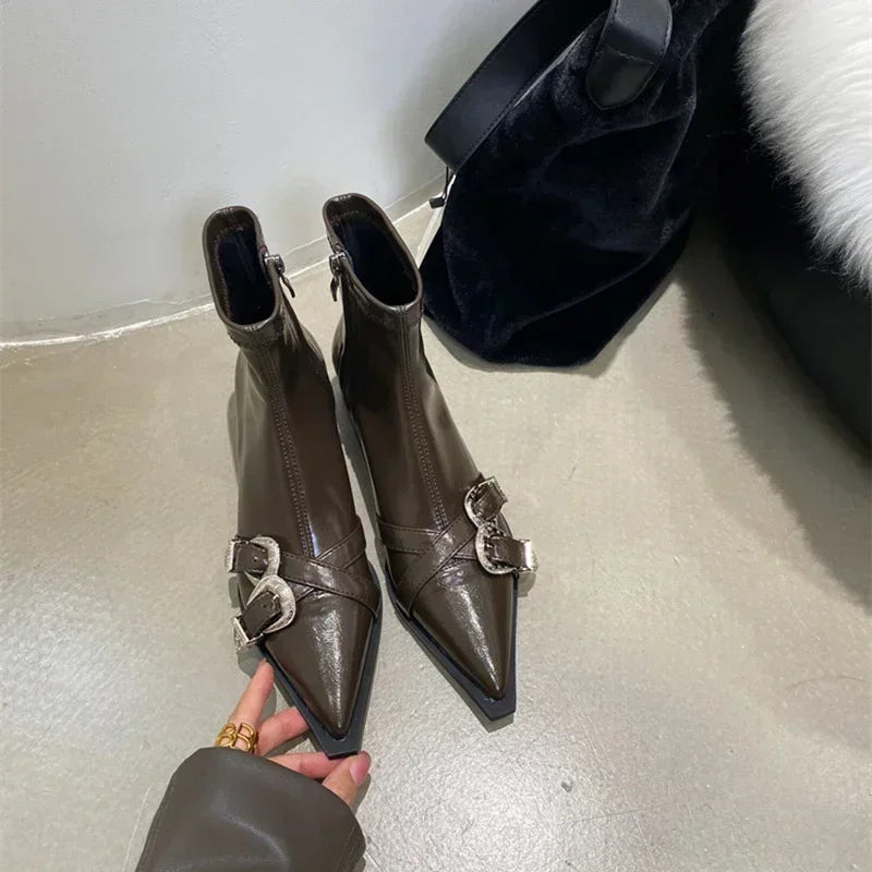 Chie Luxe Thick-Heel Ankle Boots - Chic Pointed Toe Booties for Autumn & Winter