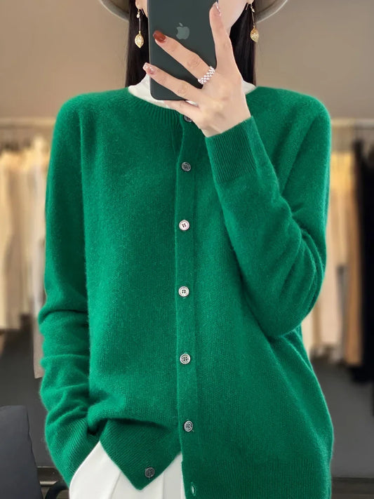 Chic Spring O-Neck Cardigan Sweater - 100% Merino Wool Women's Knitted Top