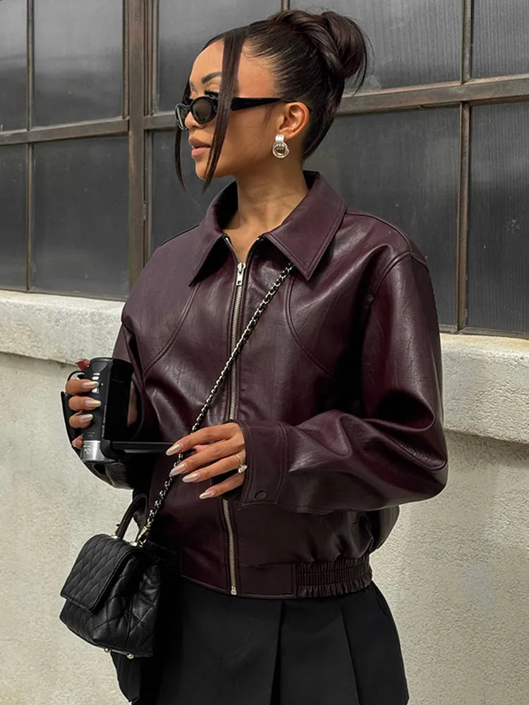 Mara Jacket - Elegant Solid Zipper Leather Bomber Jacket for Women