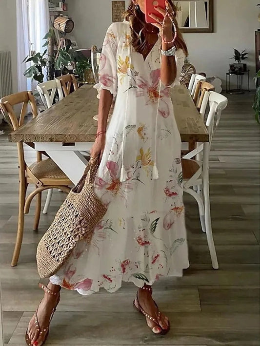 Evadne - Boho V-Neck Maxi Dress - Flowy & Elegant