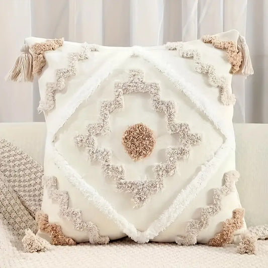 Thelittleesse™ Bohemian Bliss Tufted Pillow – Geometric Woven Cushion with Tassels